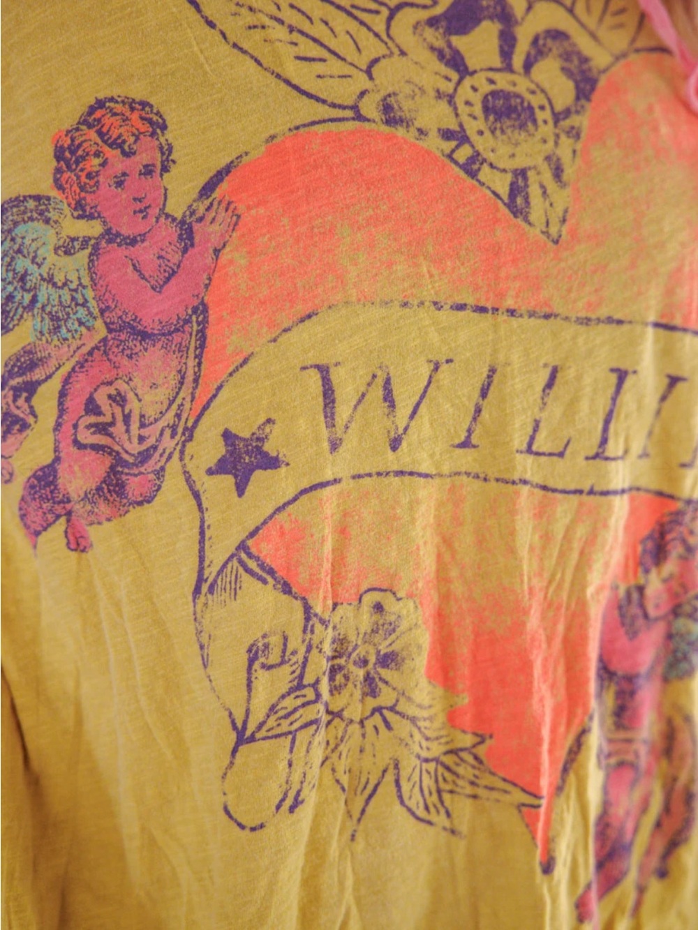 Magnolia Pearl Yellow Short-Sleeve Willie Nelson Tee with Pink Heart and Cherubs - Picture 2 of 6